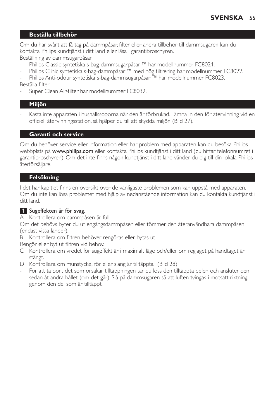 Beställa tillbehör, Miljön, Garanti och service | Felsökning | Philips Expression Aspirador con bolsa User Manual | Page 55 / 64