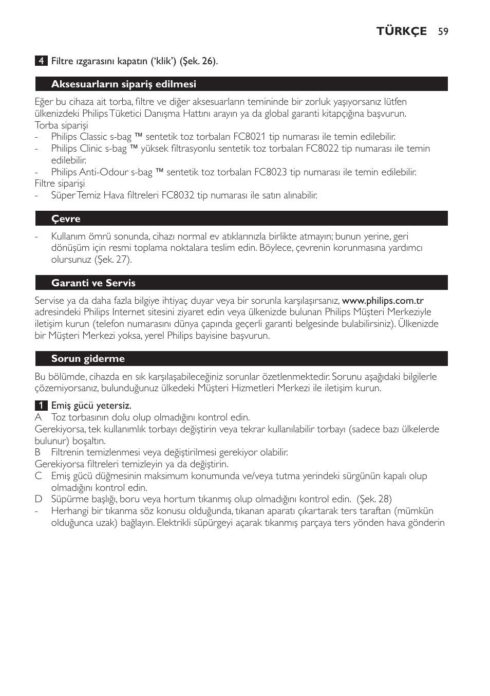 Aksesuarların sipariş edilmesi, Çevre, Garanti ve servis | Sorun giderme | Philips Expression Aspirador con bolsa User Manual | Page 59 / 64