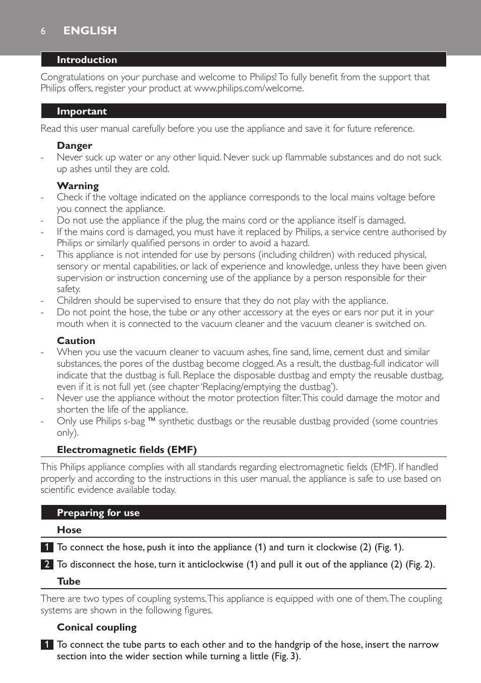 English, Introduction, Important | Danger, Warning, Caution, Electromagnetic fields (emf), Preparing for use, Hose, Tube | Philips Expression Aspirador con bolsa User Manual | Page 6 / 64