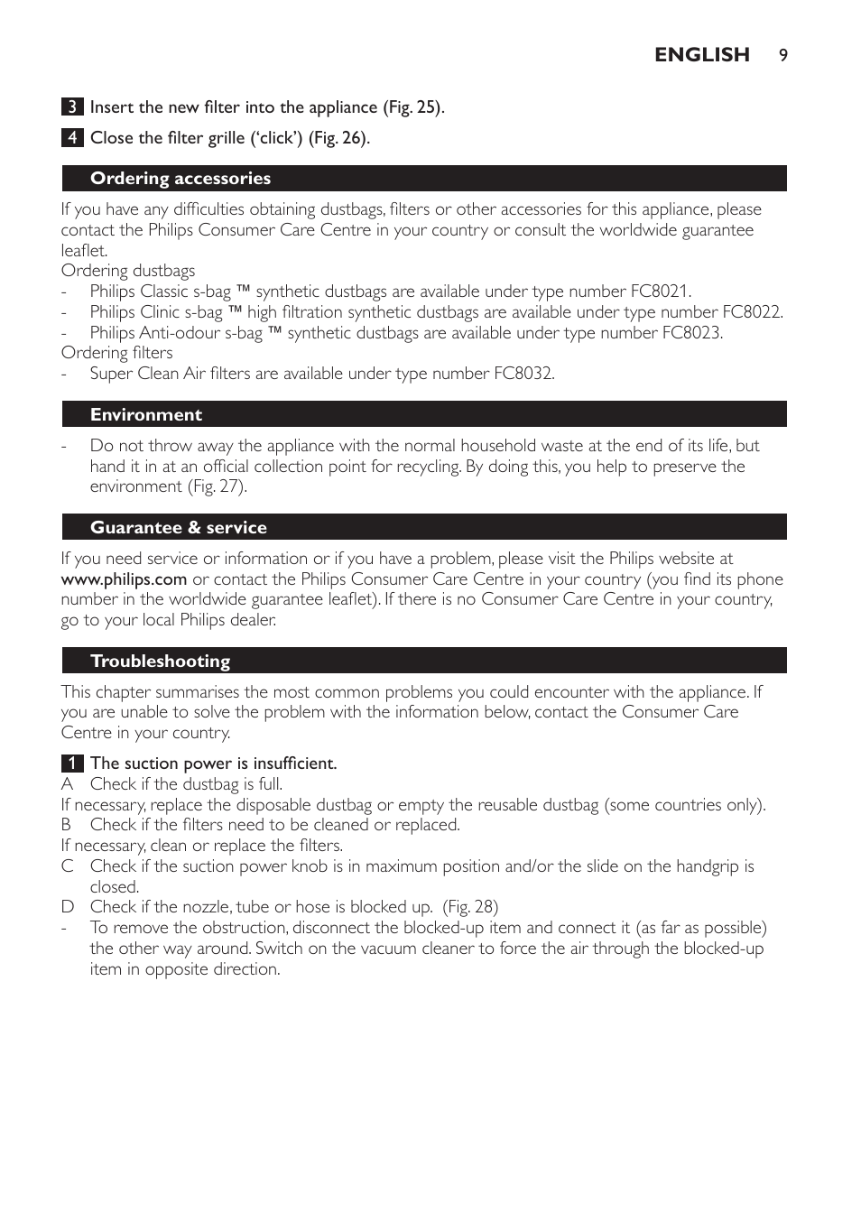 Ordering accessories, Environment, Guarantee & service | Troubleshooting | Philips Expression Aspirador con bolsa User Manual | Page 9 / 64