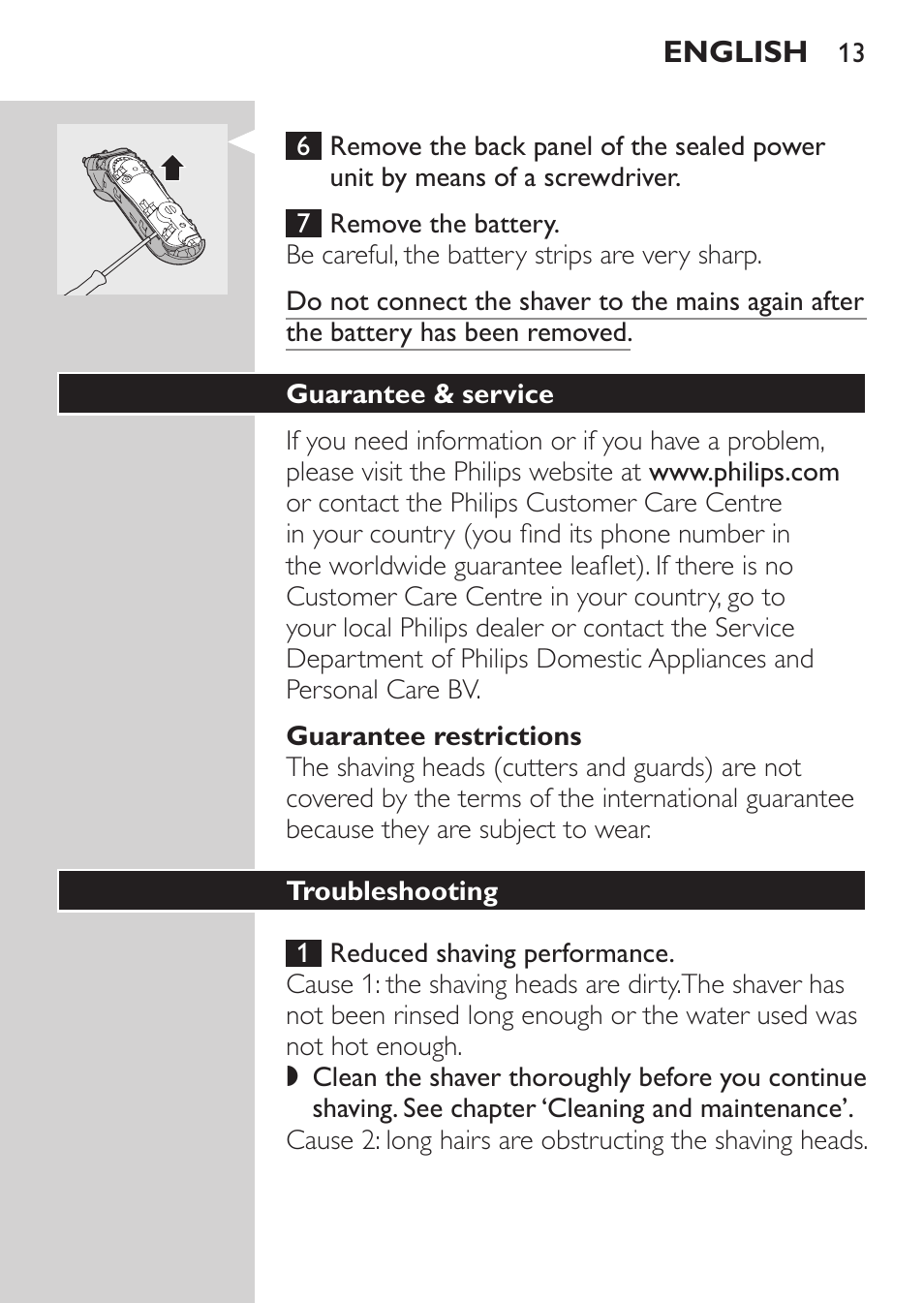 Guarantee restrictions, Guarantee & service, Troubleshooting | Philips SHAVER Series 3000 Afeitadora eléctrica User Manual | Page 11 / 92