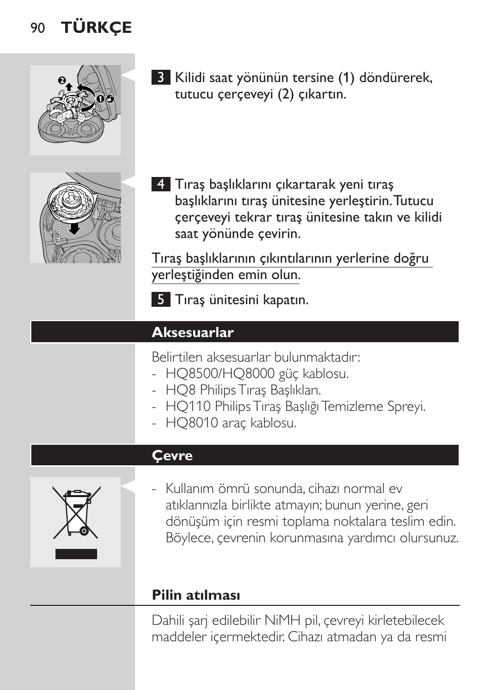 Aksesuarlar, Çevre, Pilin atılması | Philips SHAVER Series 3000 Afeitadora eléctrica User Manual | Page 88 / 92