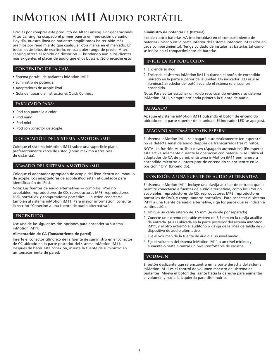 M11 a, Otion i, Udio portátil | Altec Lansing IM11 User Manual | Page 6 / 9