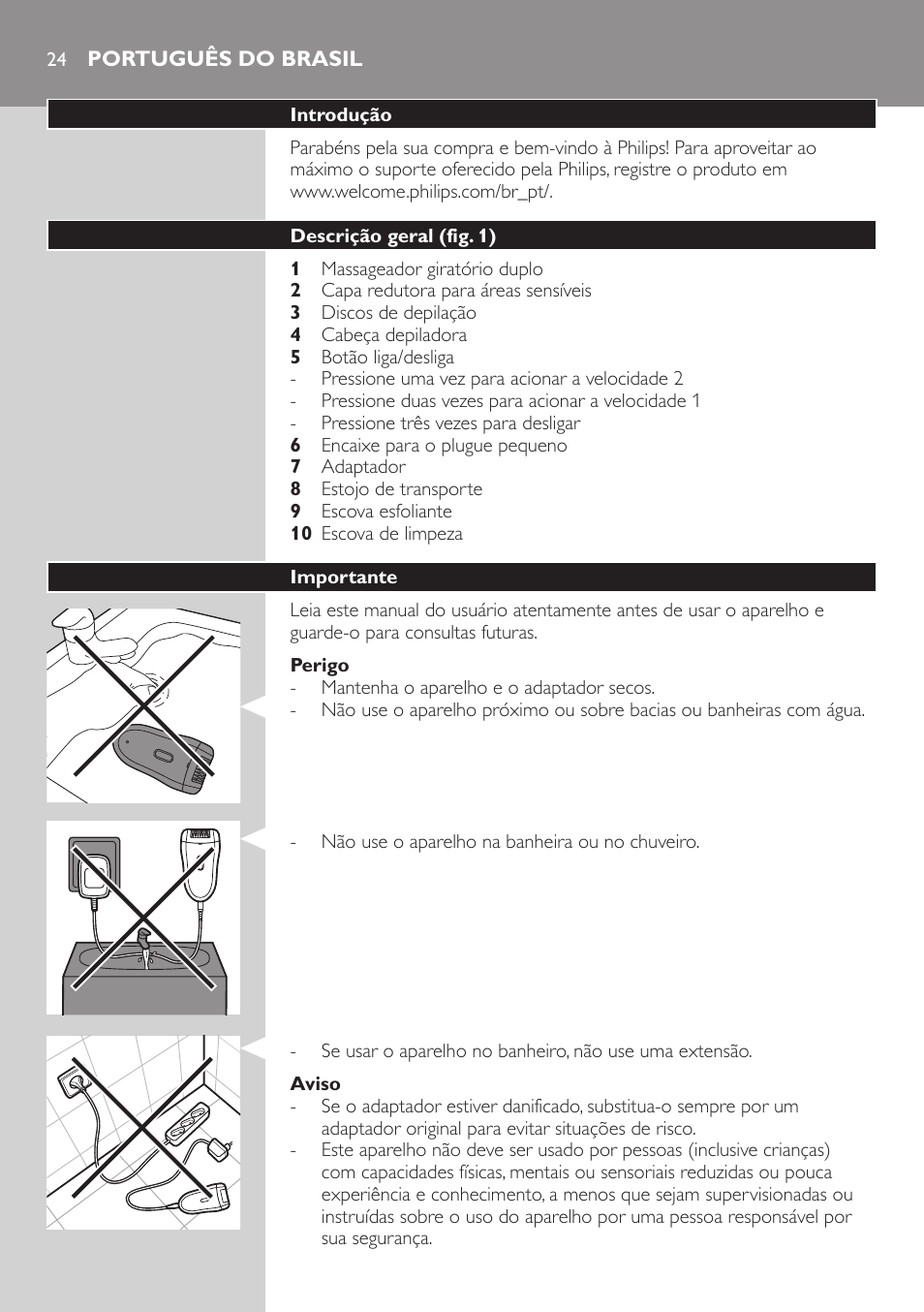 Português do brasil | Philips SatinSoft Depiladora User Manual | Page 24 / 30
