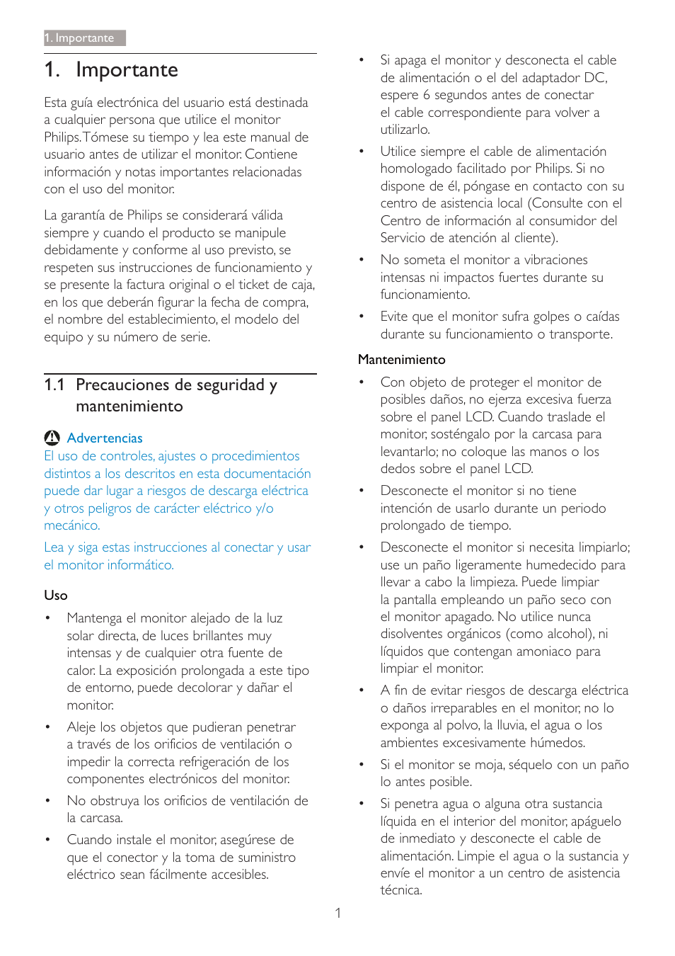 Importante, 1 3uhfdxflrqhv gh vhjxulgdg \ mantenimiento | Philips 240B4 User Manual | Page 3 / 50