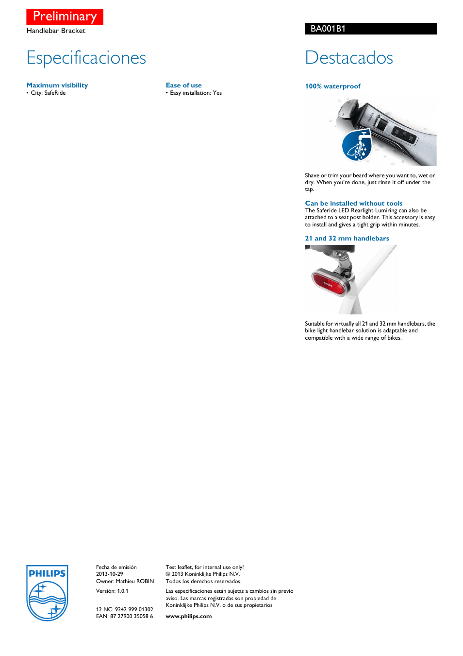 Especificaciones, Destacados, Preliminary | Ba001b1 | Philips LED Bike lights Abrazadera para manillar User Manual | Page 2 / 2