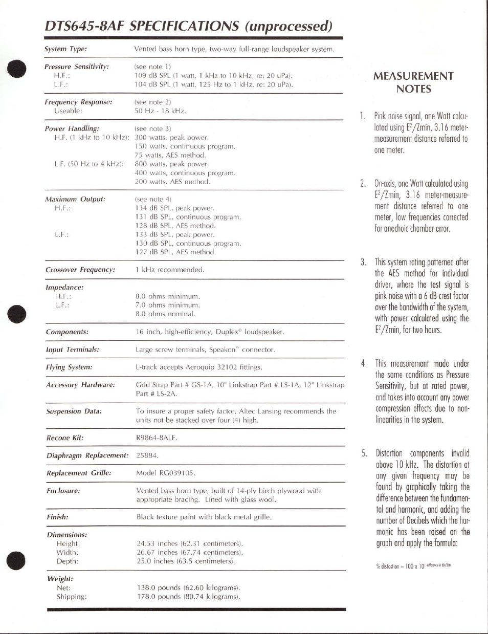 Measurement, Notes, Dts645-8af specifications (unprocessed) | Altec Lansing DTS645-8AF User Manual | Page 2 / 4