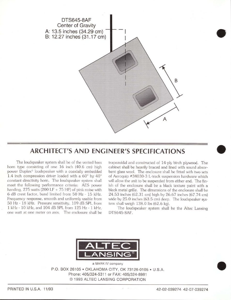 Architect's and engineer's specifications, Lansing | Altec Lansing DTS645-8AF User Manual | Page 4 / 4