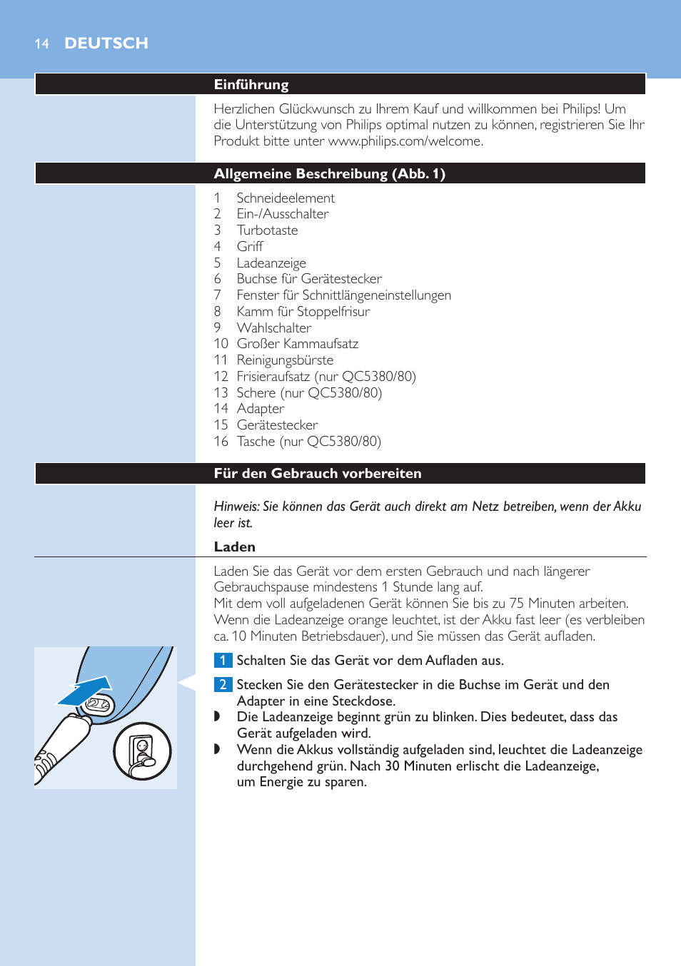 Deutsch, Deutsch 14 | Philips HAIRCLIPPER Series 7000 cortapelos User Manual | Page 14 / 58