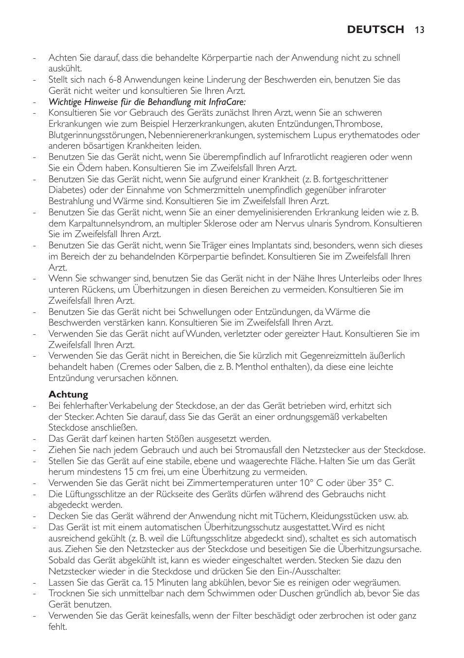 Achtung | Philips Lámpara de infrarrojos InfraCare User Manual | Page 13 / 72