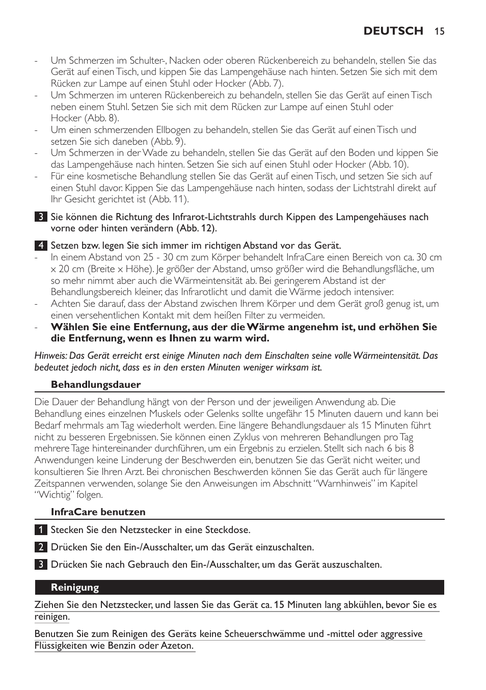 Behandlungsdauer, Infracare benutzen, Reinigung | Philips Lámpara de infrarrojos InfraCare User Manual | Page 15 / 72