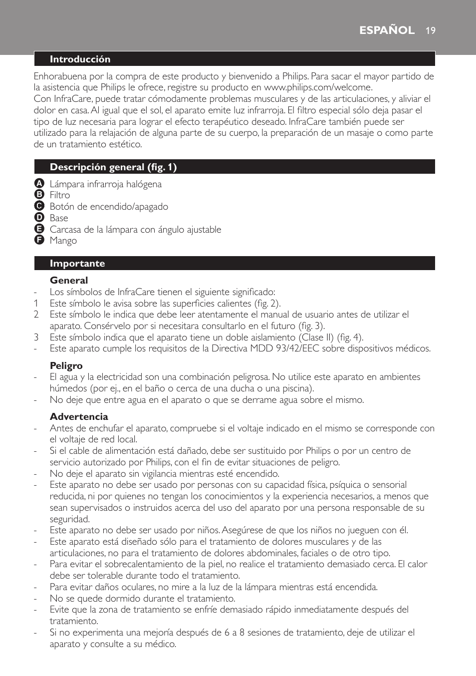 General, Peligro, Advertencia | Español, Introducción, Descripción general (fig. 1), Importante | Philips Lámpara de infrarrojos InfraCare User Manual | Page 19 / 72