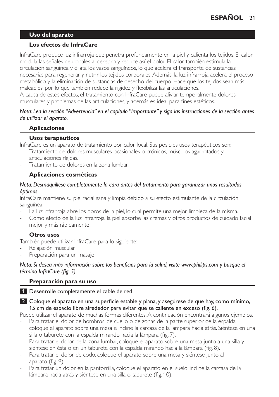 Uso del aparato, Los efectos de infracare, Aplicaciones | Usos terapéuticos, Aplicaciones cosméticas, Otros usos, Preparación para su uso | Philips Lámpara de infrarrojos InfraCare User Manual | Page 21 / 72
