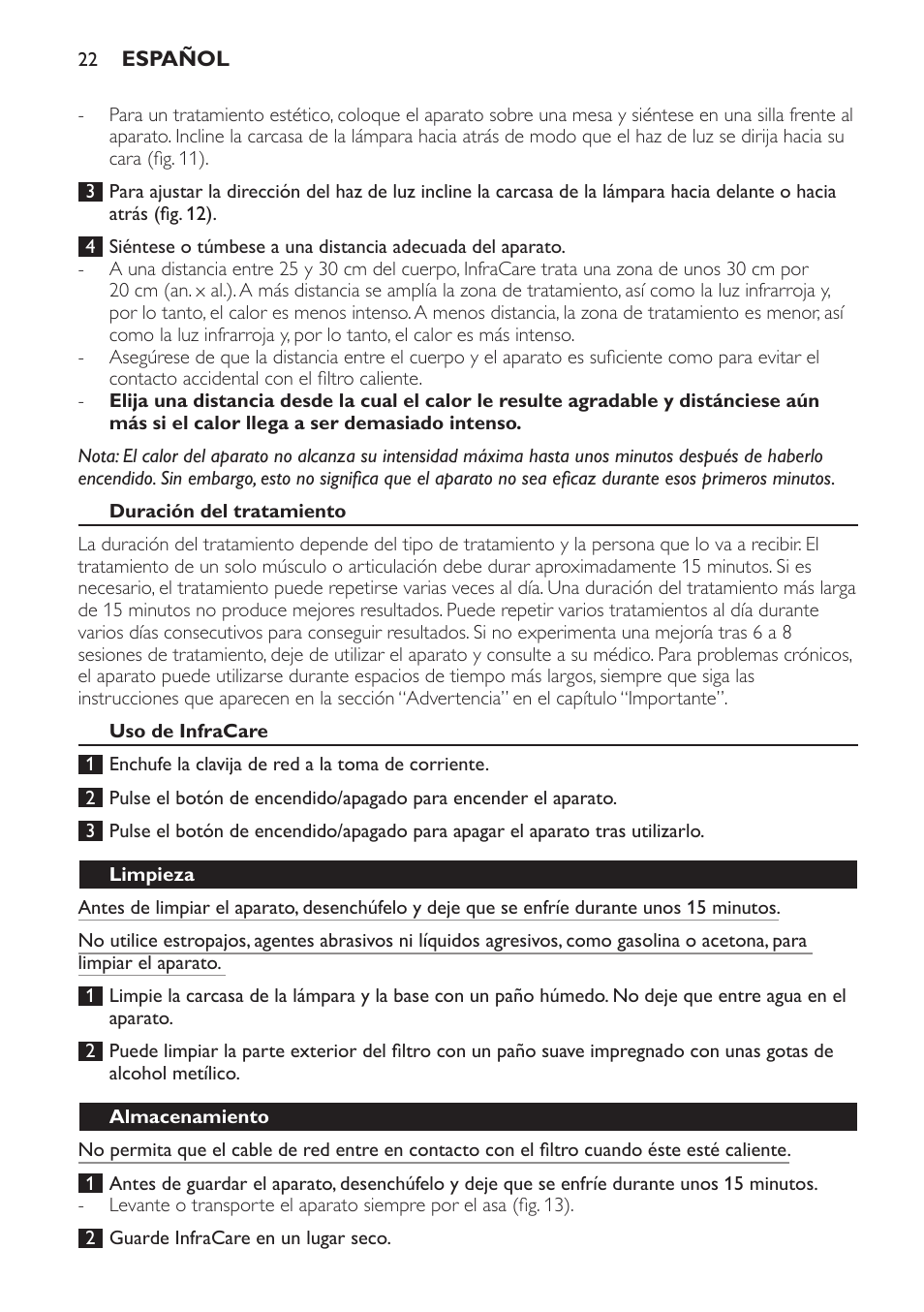 Duración del tratamiento, Uso de infracare, Limpieza | Almacenamiento | Philips Lámpara de infrarrojos InfraCare User Manual | Page 22 / 72