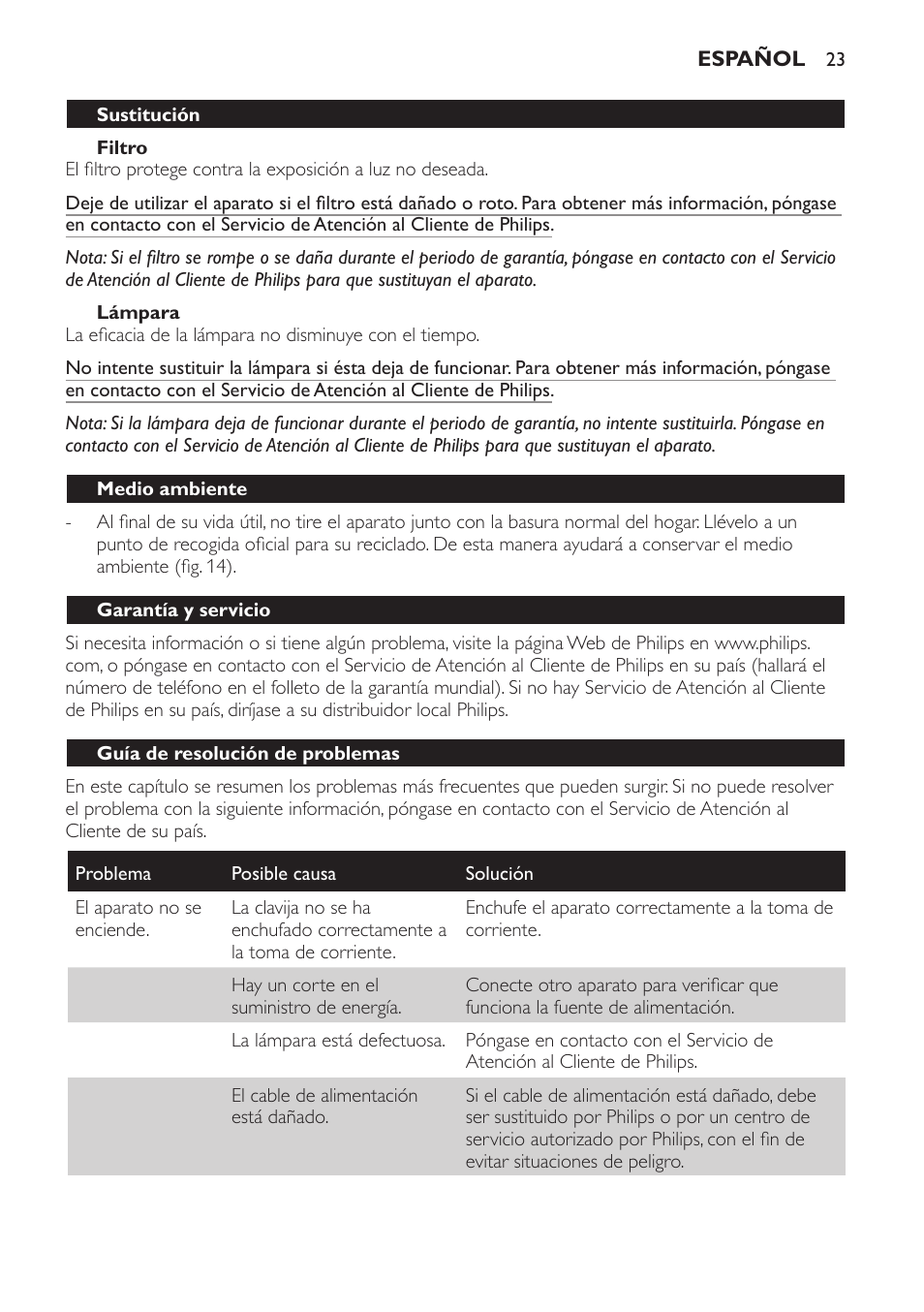 Filtro, Lámpara, Sustitución | Medio ambiente, Garantía y servicio, Guía de resolución de problemas | Philips Lámpara de infrarrojos InfraCare User Manual | Page 23 / 72