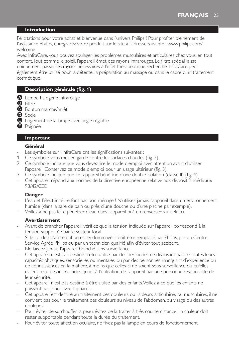 Général, Danger, Avertissement | Français, Introduction, Description générale (fig. 1), Important | Philips Lámpara de infrarrojos InfraCare User Manual | Page 25 / 72