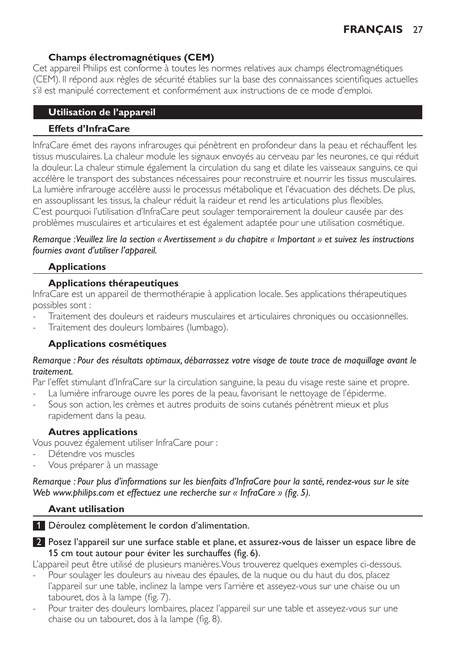 Champs électromagnétiques (cem), Utilisation de l’appareil, Effets d’infracare | Applications, Applications thérapeutiques, Applications cosmétiques, Autres applications, Avant utilisation | Philips Lámpara de infrarrojos InfraCare User Manual | Page 27 / 72