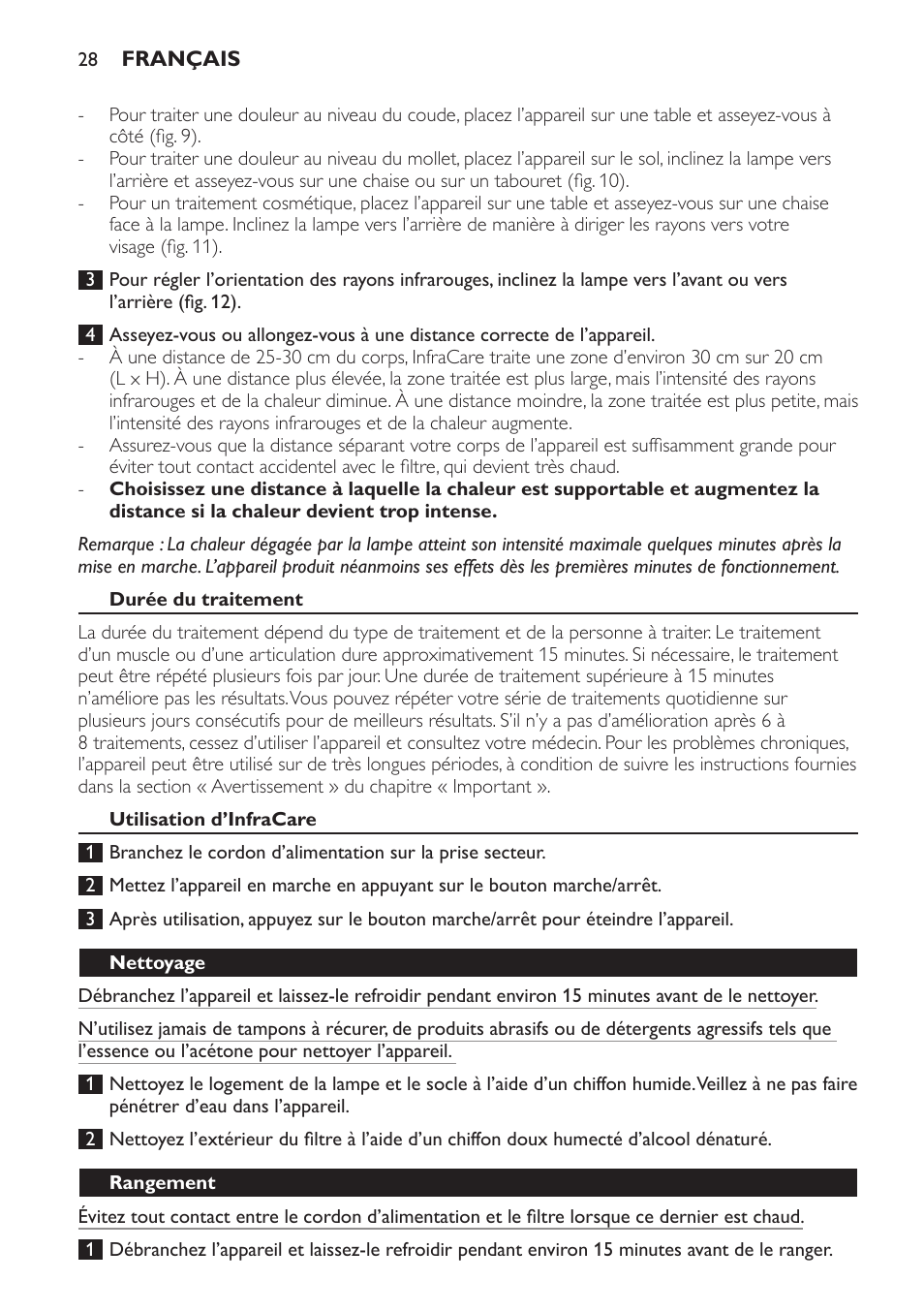 Durée du traitement, Utilisation d’infracare, Nettoyage | Rangement | Philips Lámpara de infrarrojos InfraCare User Manual | Page 28 / 72