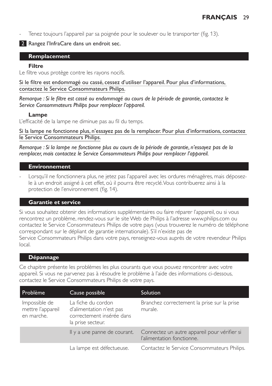 Filtre, Lampe, Remplacement | Environnement, Garantie et service, Dépannage | Philips Lámpara de infrarrojos InfraCare User Manual | Page 29 / 72