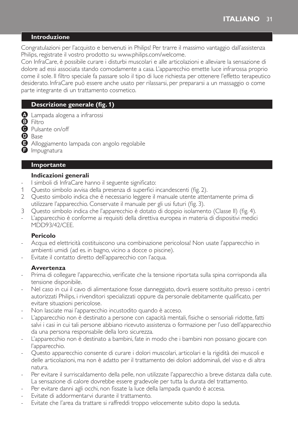 Indicazioni generali, Pericolo, Avvertenza | Italiano, Introduzione, Descrizione generale (fig. 1), Importante | Philips Lámpara de infrarrojos InfraCare User Manual | Page 31 / 72