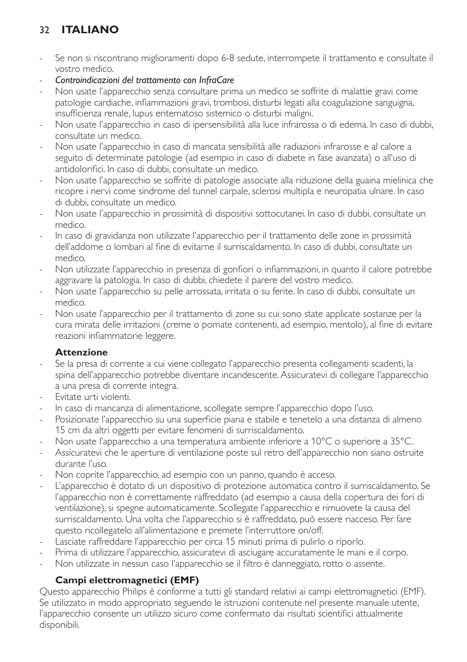 Attenzione, Campi elettromagnetici (emf) | Philips Lámpara de infrarrojos InfraCare User Manual | Page 32 / 72