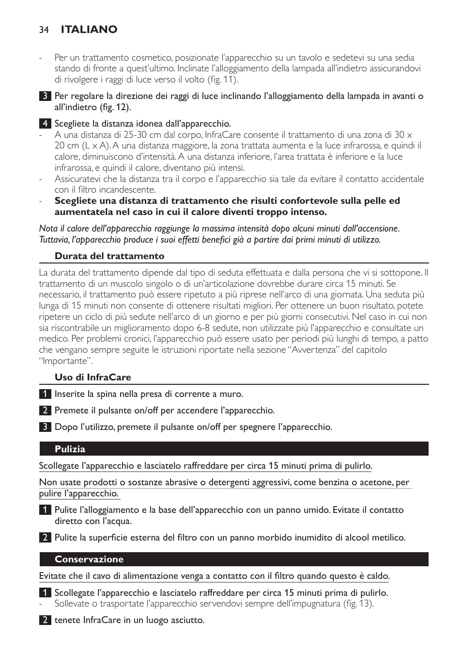 Durata del trattamento, Uso di infracare, Pulizia | Conservazione | Philips Lámpara de infrarrojos InfraCare User Manual | Page 34 / 72