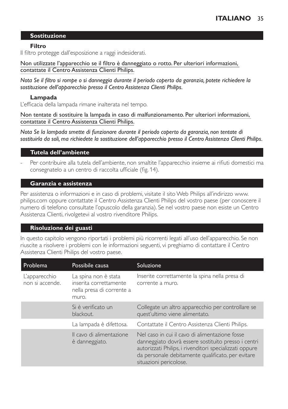Filtro, Lampada, Sostituzione | Tutela dell’ambiente, Garanzia e assistenza, Risoluzione dei guasti | Philips Lámpara de infrarrojos InfraCare User Manual | Page 35 / 72