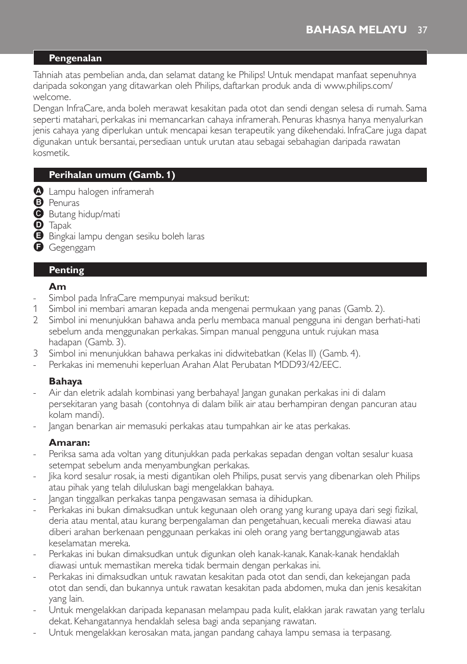 Bahaya, Amaran, Bahasa melayu | Pengenalan, Perihalan umum (gamb. 1), Penting | Philips Lámpara de infrarrojos InfraCare User Manual | Page 37 / 72