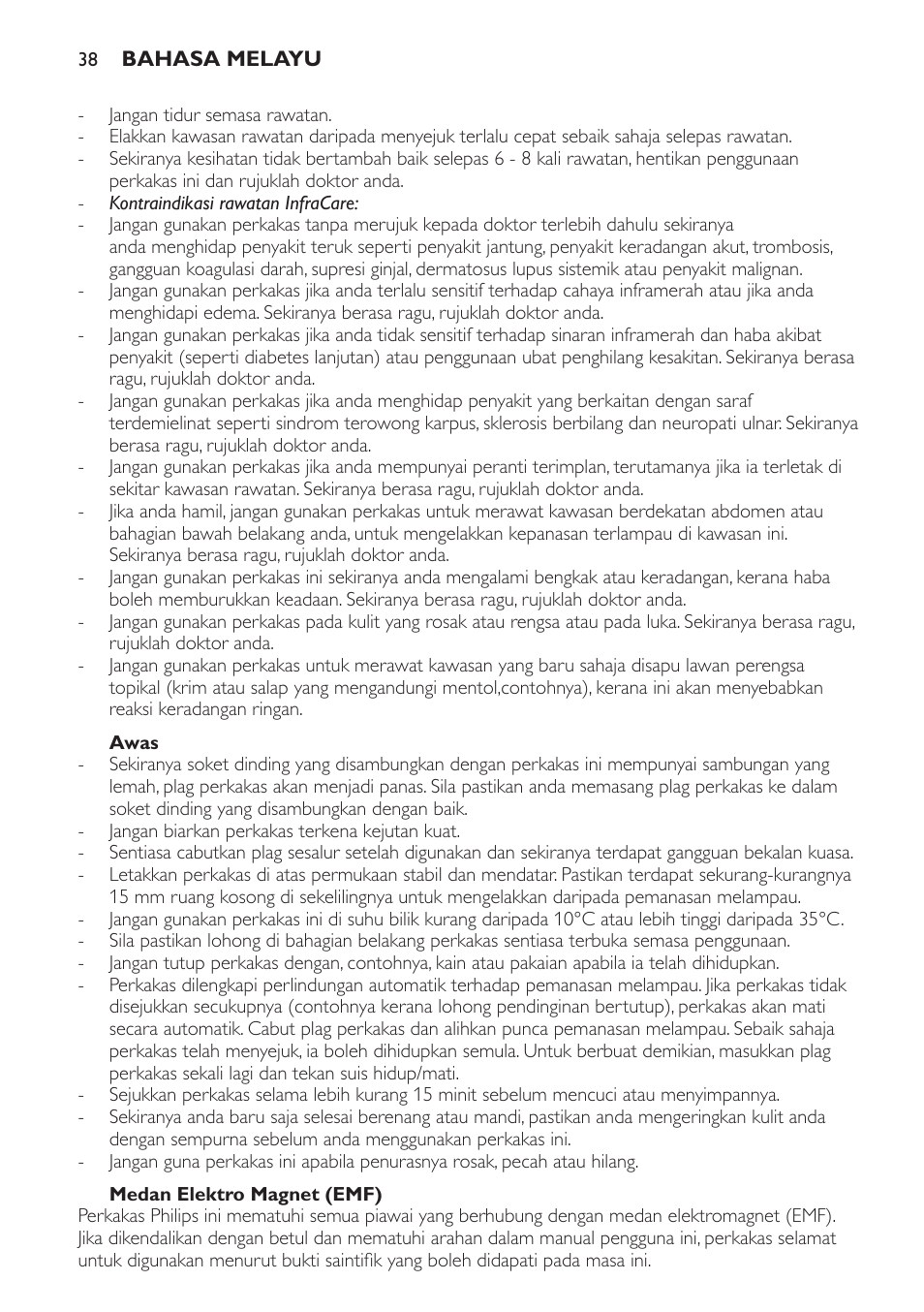 Awas, Medan elektro magnet (emf) | Philips Lámpara de infrarrojos InfraCare User Manual | Page 38 / 72