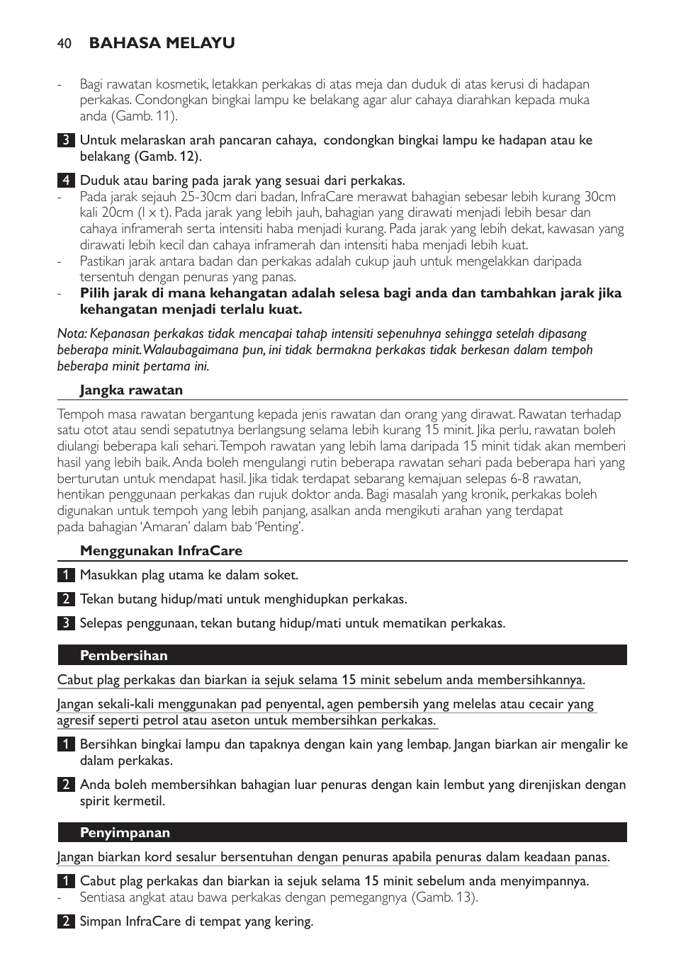 Jangka rawatan, Menggunakan infracare, Pembersihan | Penyimpanan | Philips Lámpara de infrarrojos InfraCare User Manual | Page 40 / 72