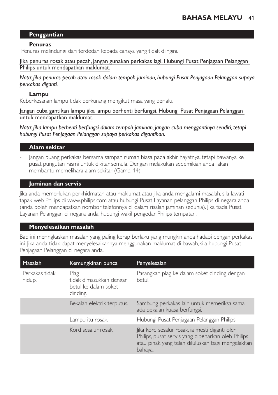 Penuras, Lampu, Penggantian | Alam sekitar, Jaminan dan servis, Menyelesaikan masalah | Philips Lámpara de infrarrojos InfraCare User Manual | Page 41 / 72