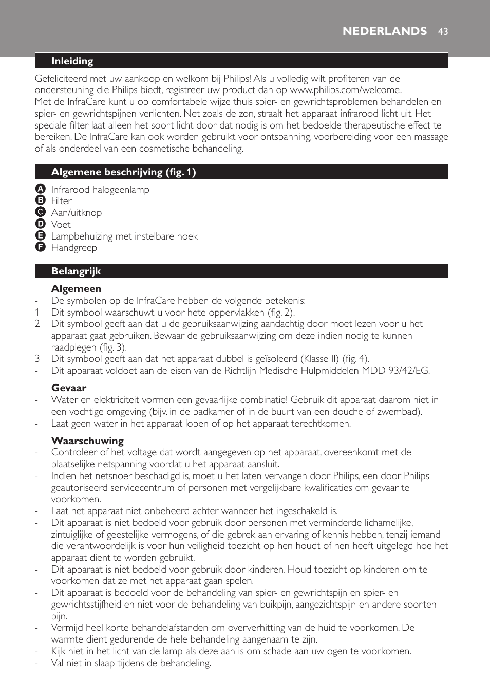 Algemeen, Gevaar, Waarschuwing | Nederlands, Inleiding, Algemene beschrijving (fig. 1), Belangrijk | Philips Lámpara de infrarrojos InfraCare User Manual | Page 43 / 72