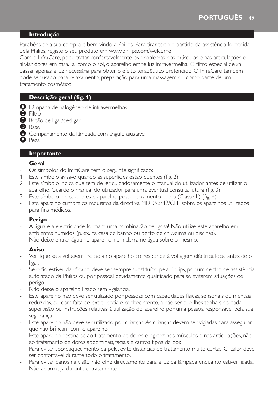 Geral, Perigo, Aviso | Português, Introdução, Descrição geral (fig. 1), Importante | Philips Lámpara de infrarrojos InfraCare User Manual | Page 49 / 72