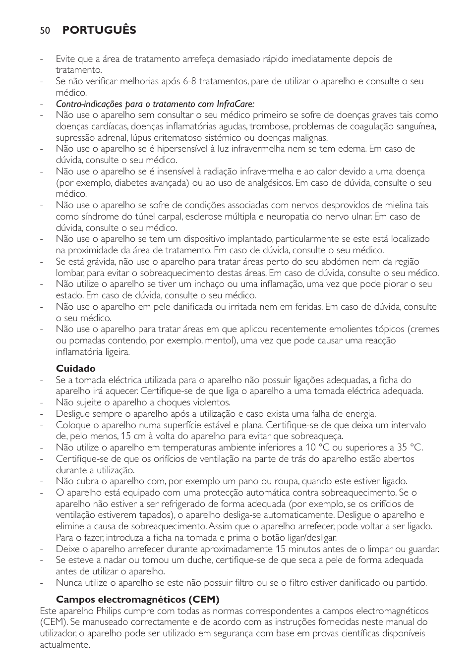 Cuidado, Campos electromagnéticos (cem) | Philips Lámpara de infrarrojos InfraCare User Manual | Page 50 / 72