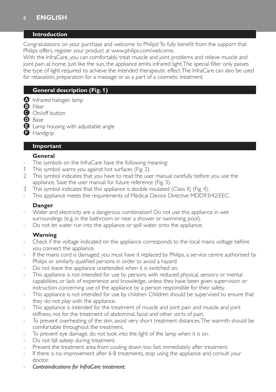 English, Introduction, General description (fig. 1) | Important, General, Danger, Warning | Philips Lámpara de infrarrojos InfraCare User Manual | Page 6 / 72
