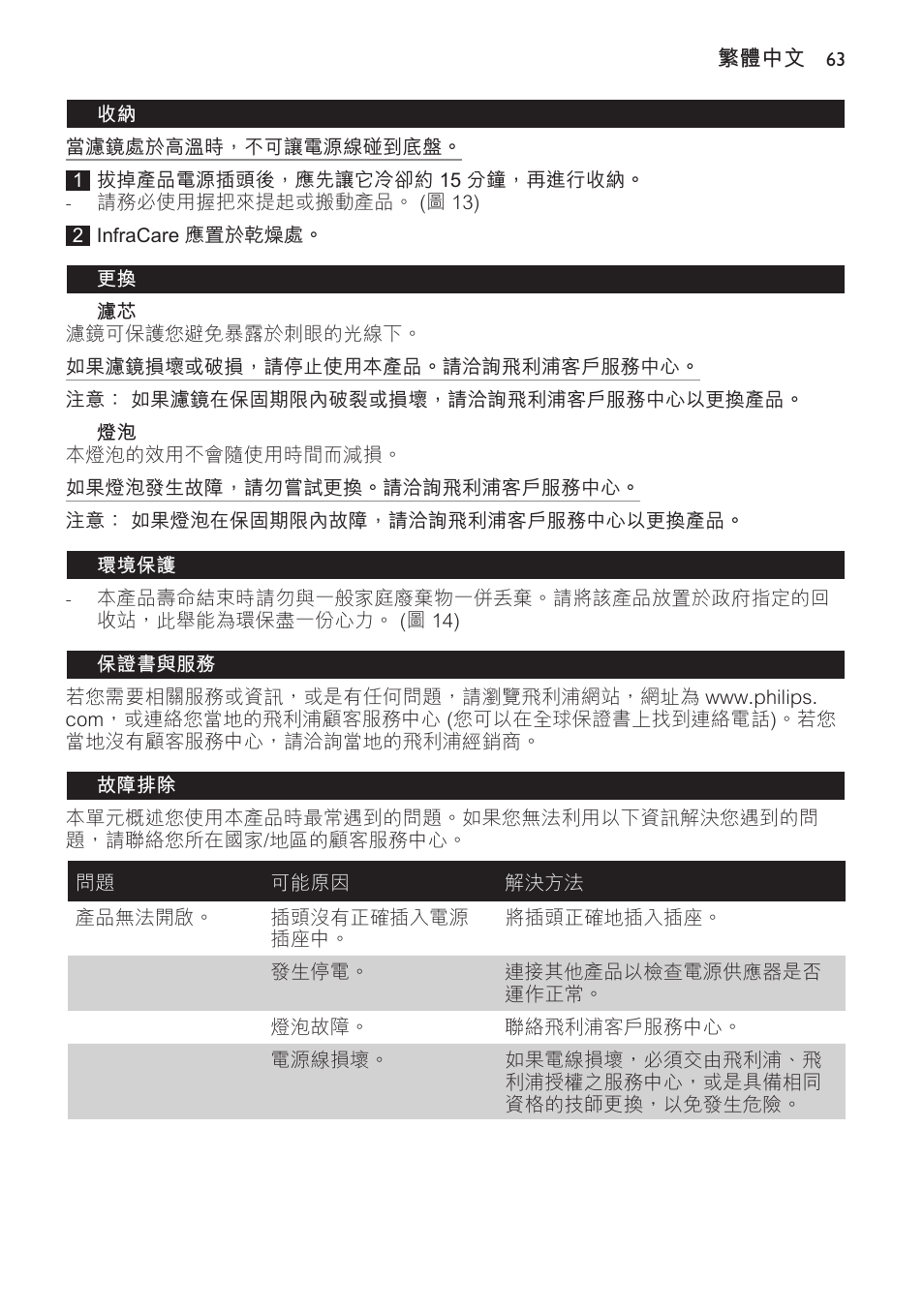 環境保護, 保證書與服務, 故障排除 | Philips Lámpara de infrarrojos InfraCare User Manual | Page 63 / 72