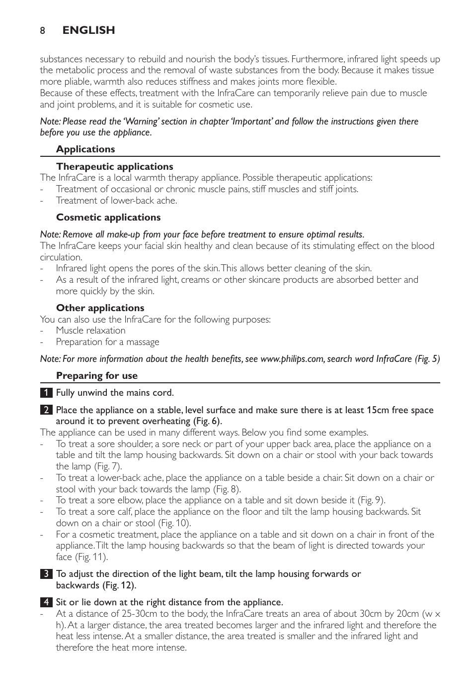 Applications, Therapeutic applications, Cosmetic applications | Other applications, Preparing for use | Philips Lámpara de infrarrojos InfraCare User Manual | Page 8 / 72