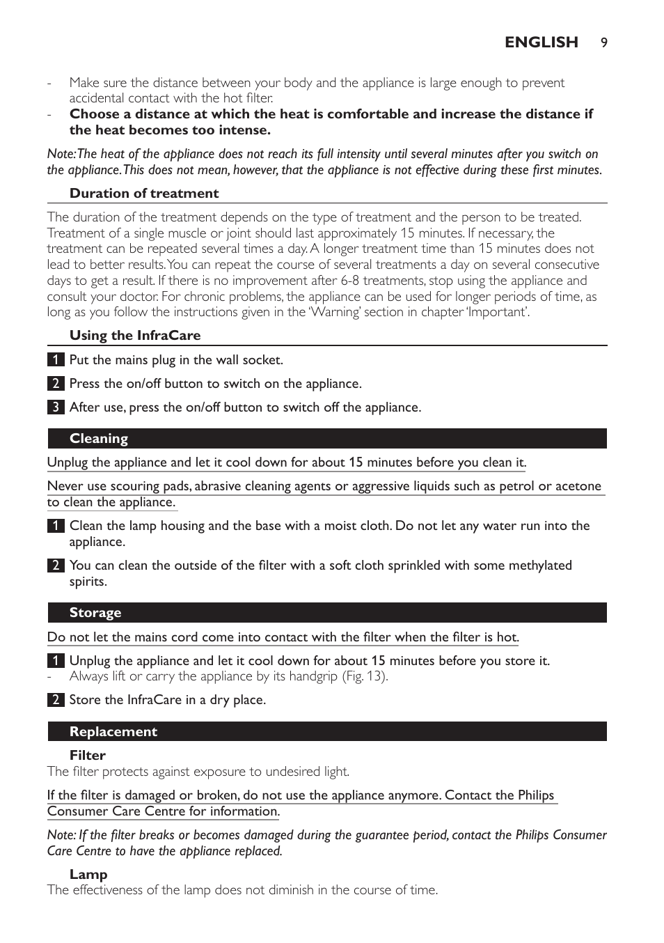 Duration of treatment, Using the infracare, Filter | Lamp, Cleaning, Storage, Replacement | Philips Lámpara de infrarrojos InfraCare User Manual | Page 9 / 72