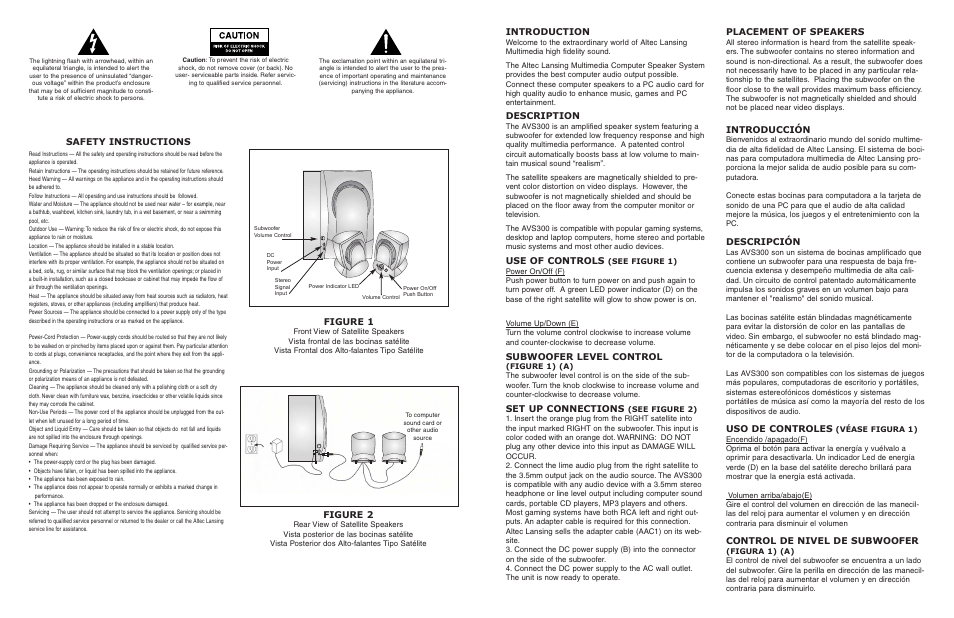 Safety instructions, Figure 1, Figure 2 | Introduction, Description, Use of controls, Subwoofer level control, Set up connections, Placement of speakers, Introducción | Altec Lansing AVS300 User Manual | Page 2 / 3