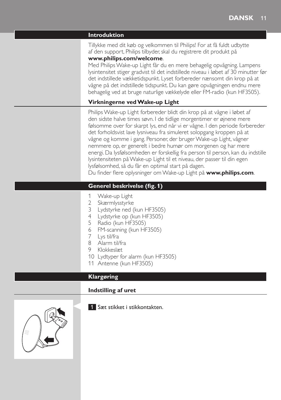 Dansk | Philips Wake-up Light User Manual | Page 11 / 88