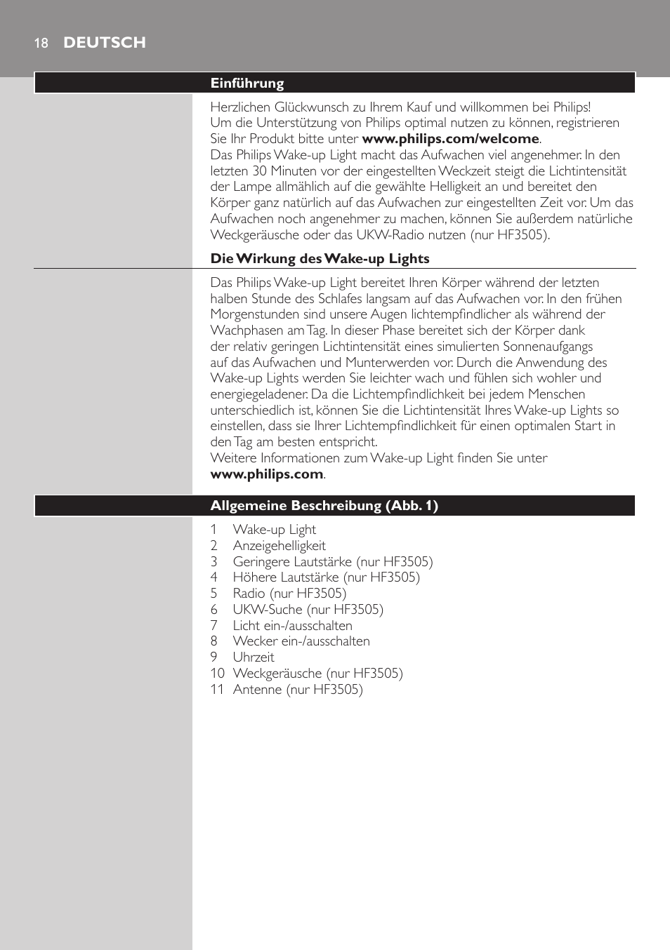 Deutsch, Deutsch 18 | Philips Wake-up Light User Manual | Page 18 / 88