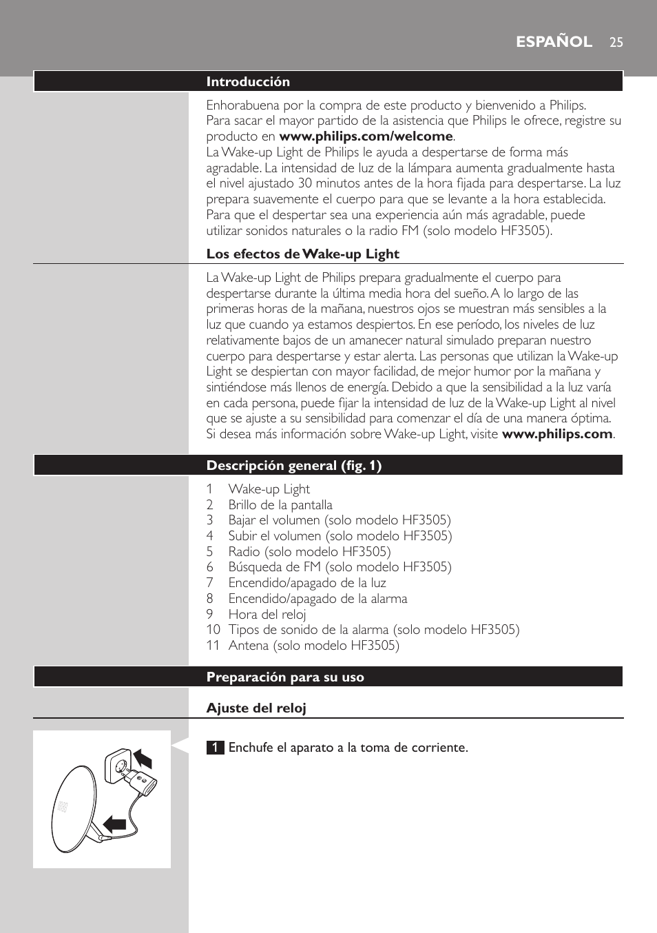 Español | Philips Wake-up Light User Manual | Page 25 / 88