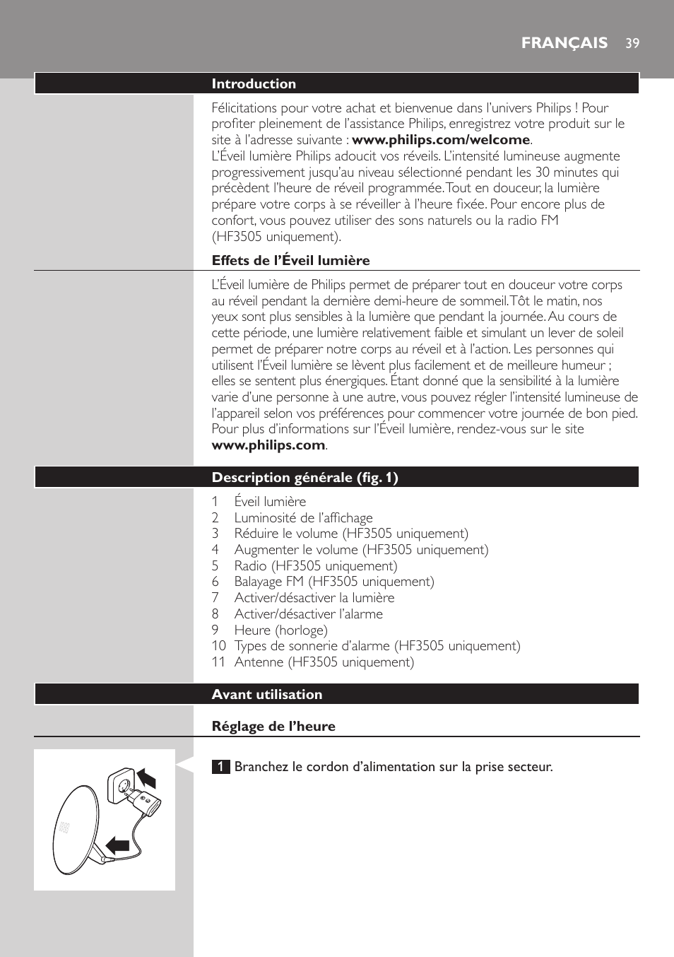 Français, Français 3 | Philips Wake-up Light User Manual | Page 39 / 88