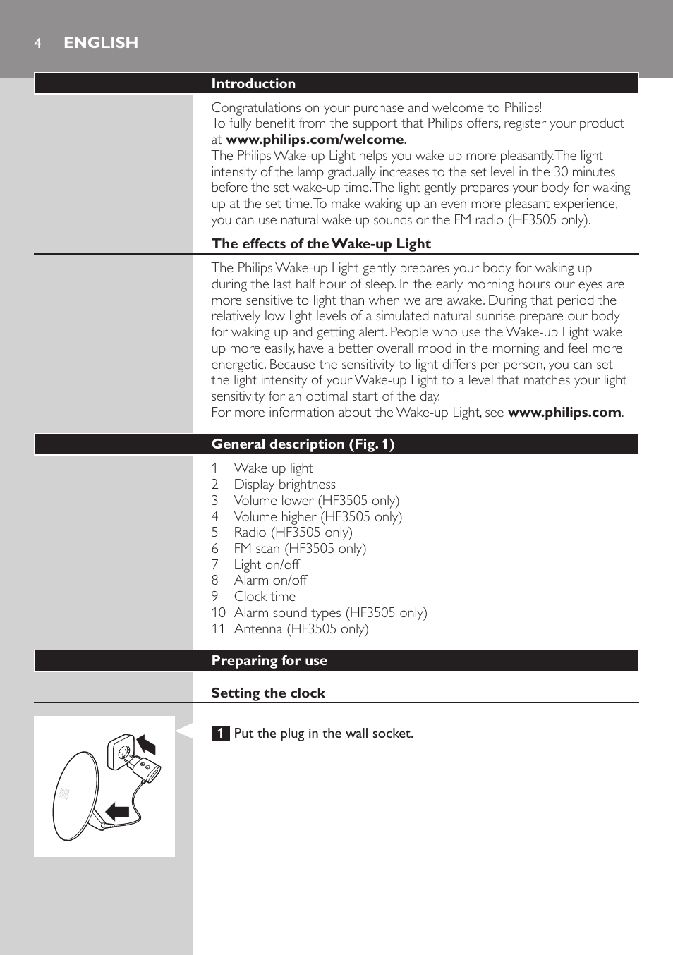 English | Philips Wake-up Light User Manual | Page 4 / 88