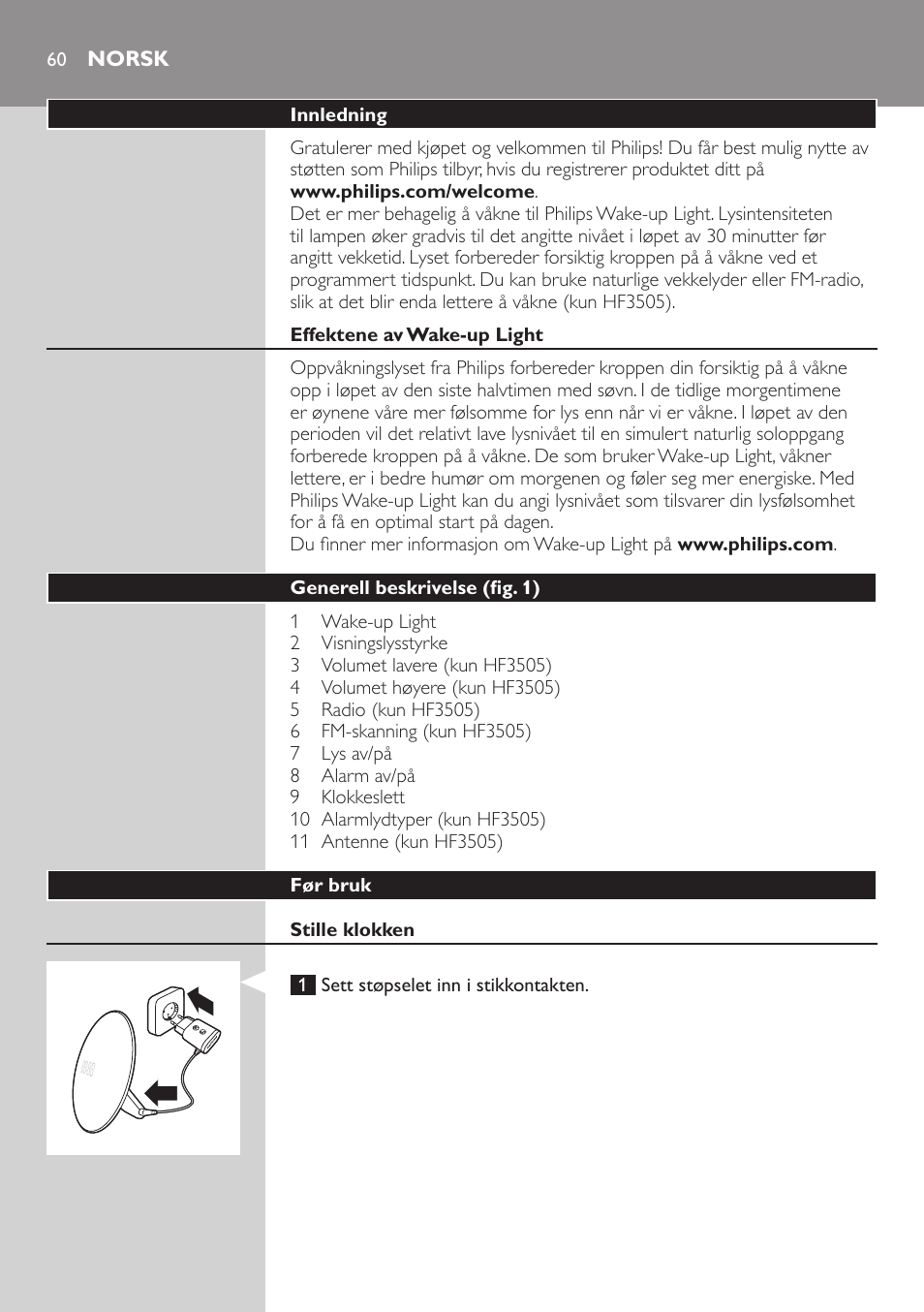 Norsk, Norsk 60 | Philips Wake-up Light User Manual | Page 60 / 88