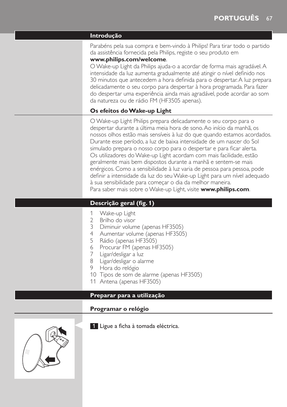 Português | Philips Wake-up Light User Manual | Page 67 / 88