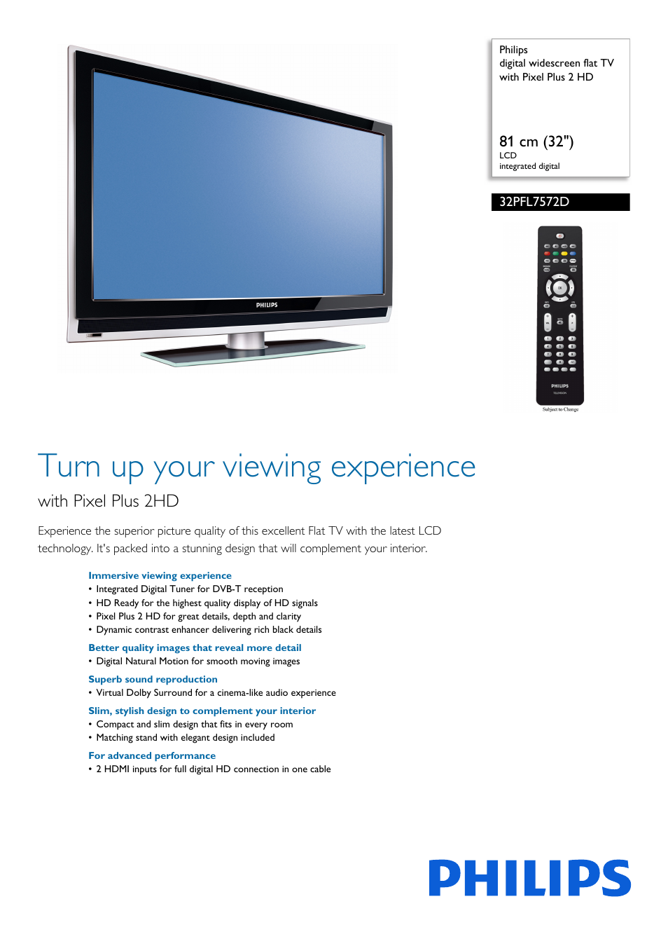 Philips Flat TV panorámico con TDT integrado User Manual | 3 pages