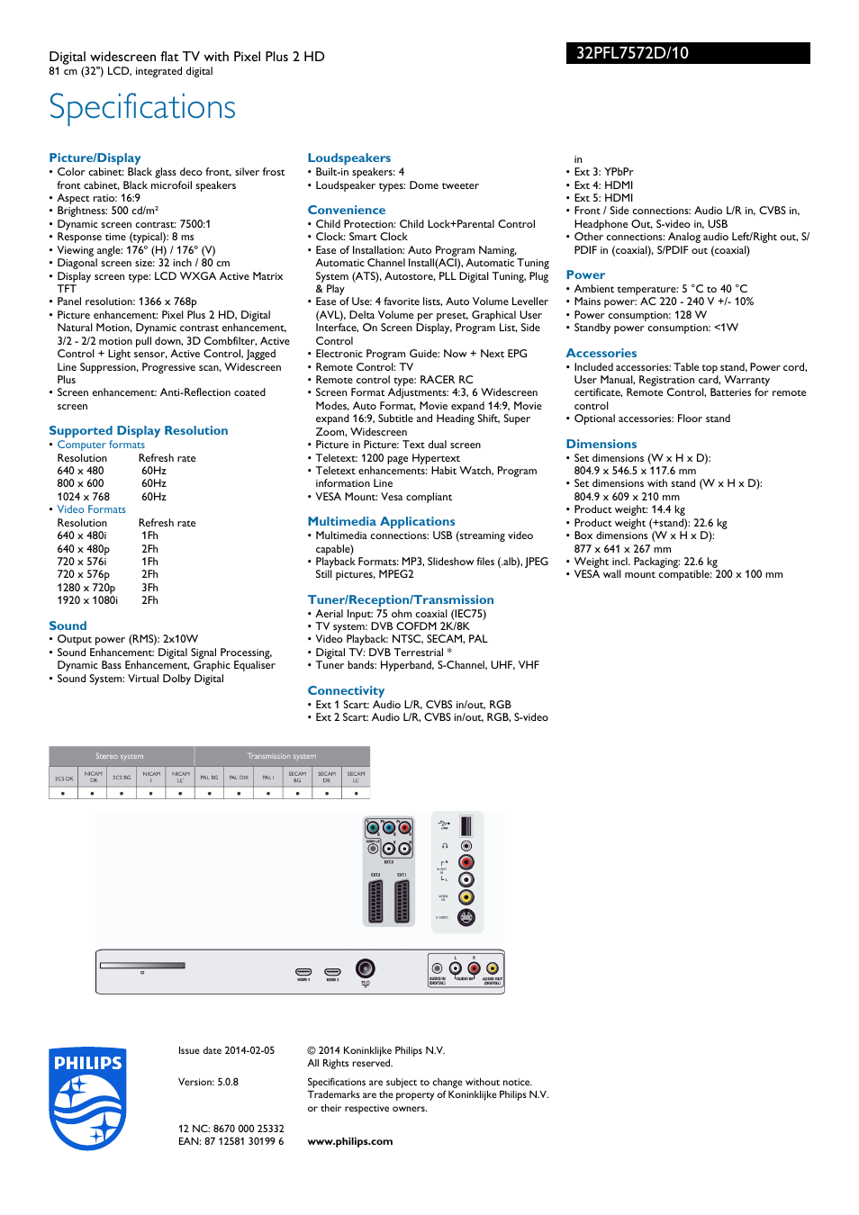 Specifications | Philips Flat TV panorámico con TDT integrado User Manual | Page 3 / 3