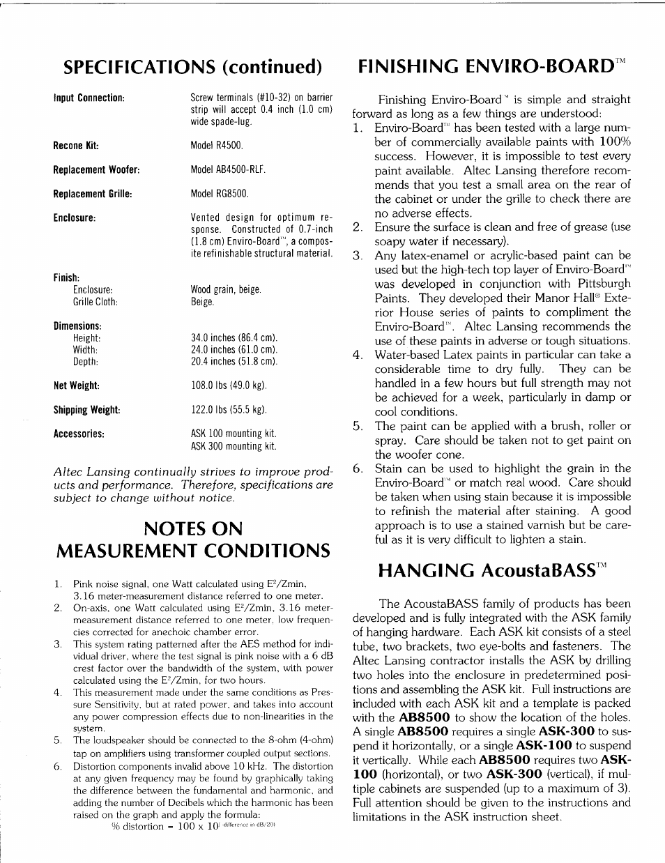 Finish, Dimensions, Net weight | Shipping weight, Accessories, Specifications (continued) finishing enviro-board, Hanging acoustabass | Altec Lansing AB8500 User Manual | Page 2 / 4