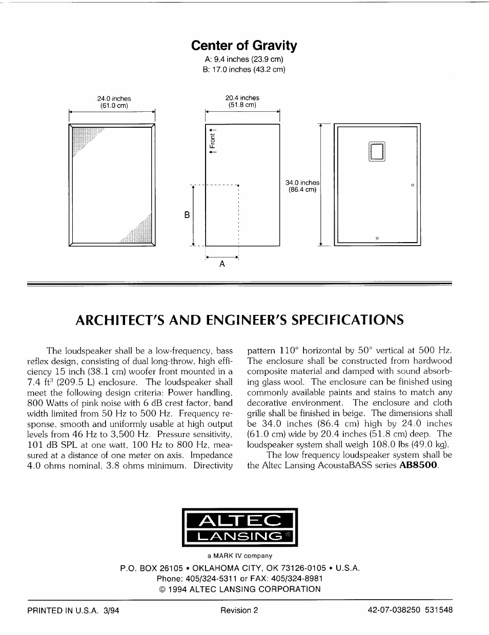 Center of gravity, Architect's and engineer's specifications | Altec Lansing AB8500 User Manual | Page 4 / 4